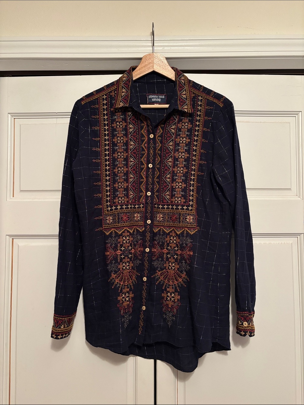 Johnny Was Navy Embroidered Button-Up Shirt